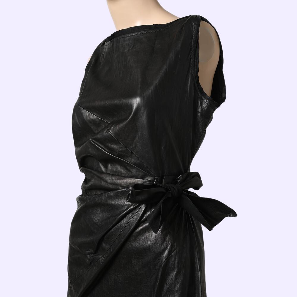 DIANE VON FURSTENBERG Black Leather Mini Sheath Della Dress w/ Side Tie Belt - Picture 3 of 9